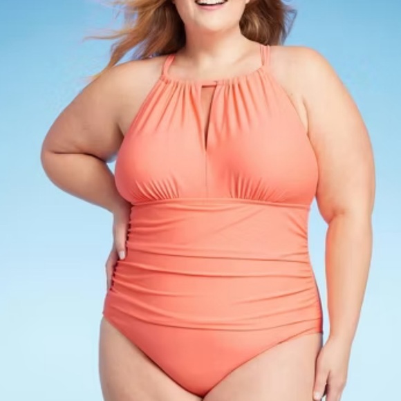 🔵 Womens Tummy Control High Neck Halter One Piece Swimsuit Kona Sol NWT sz 16 - Picture 1 of 10